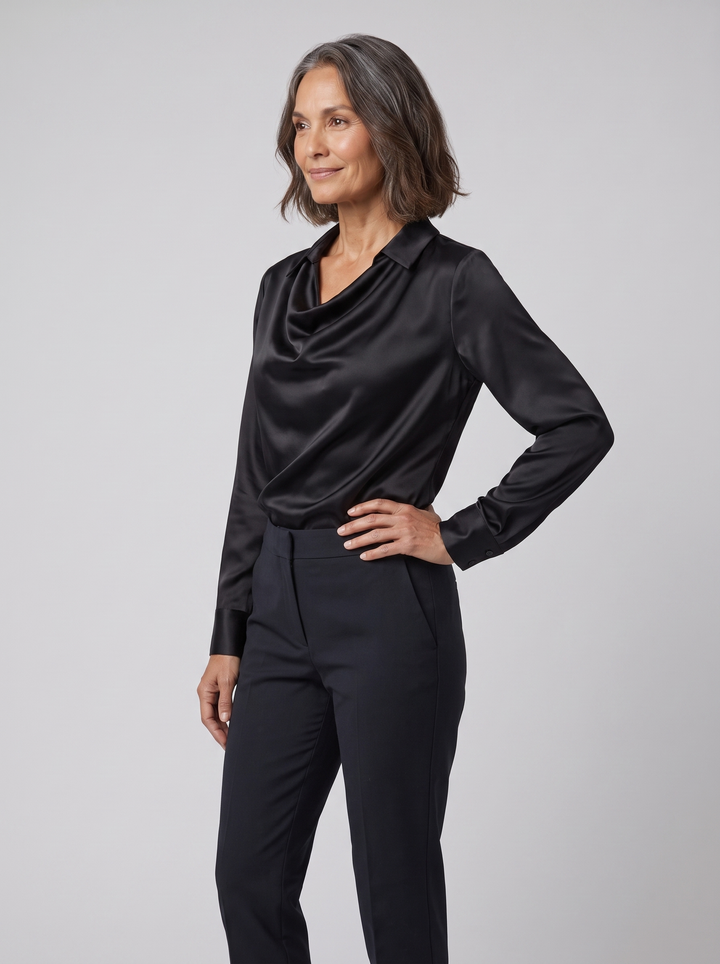 Delphine draped blouse black on model