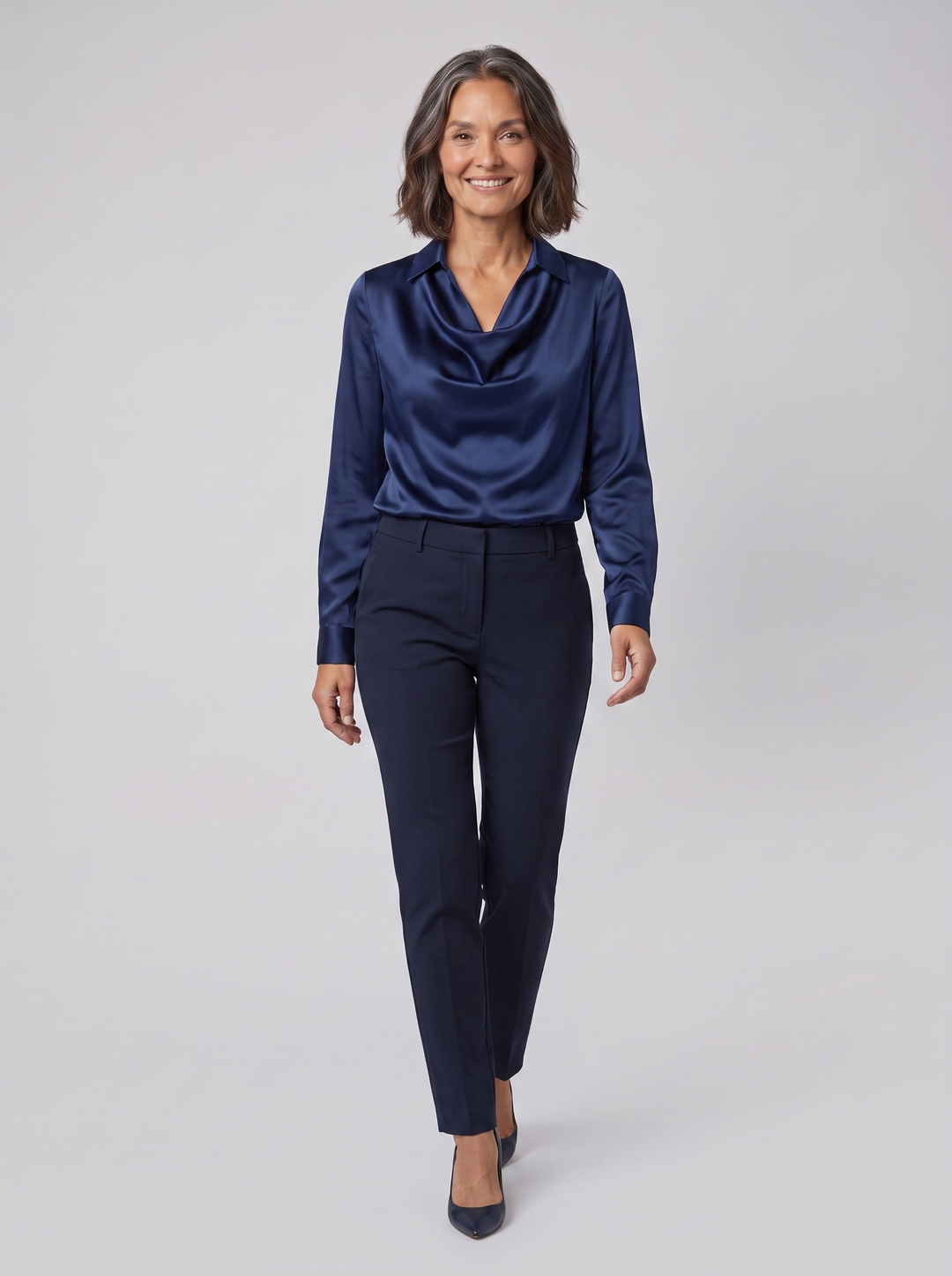 Delphine draped blouse navy on model