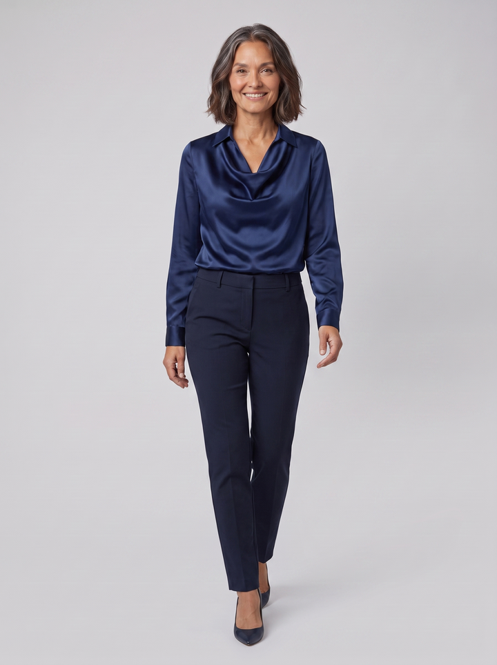 Delphine draped blouse navy on model