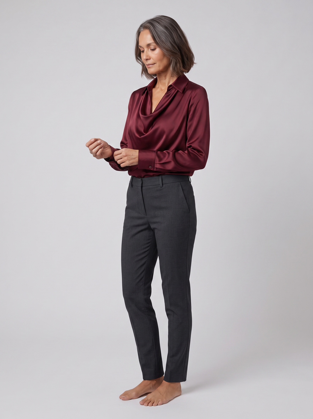Delphine draped blouse burgundy on model