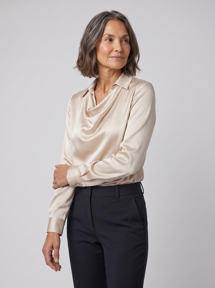 Delphine draped blouse champagne on model