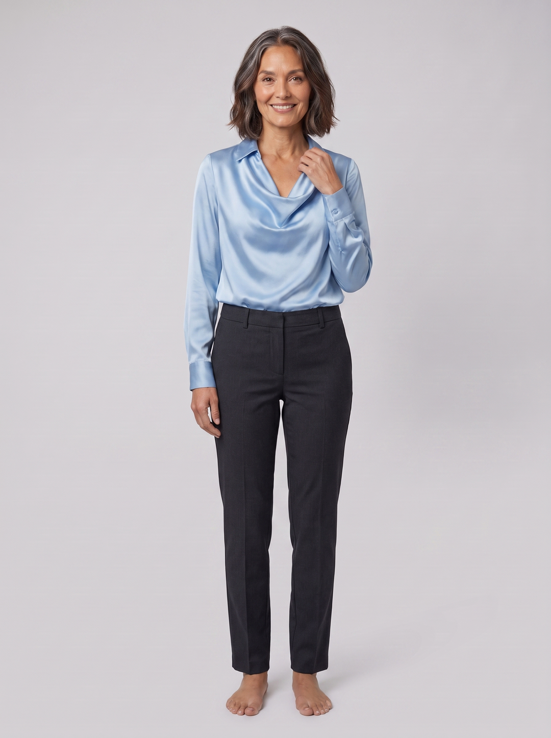 Delphine draped blouse light blue on model