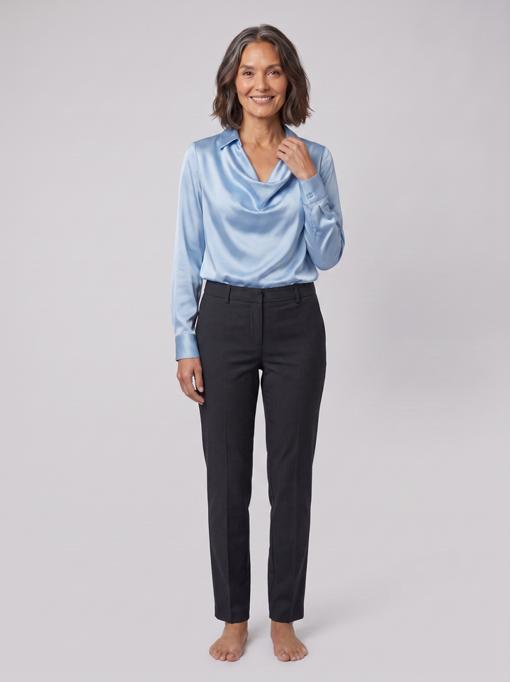 Delphine draped blouse light blue on model