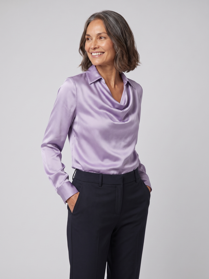 Delphine draped blouse lavender on model