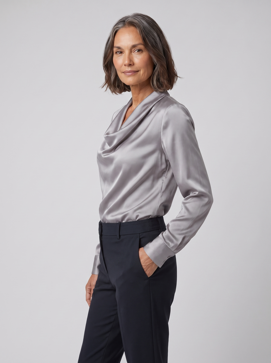 Delphine draped blouse grey on model