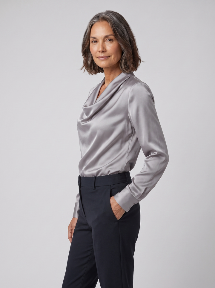 Delphine draped blouse grey on model