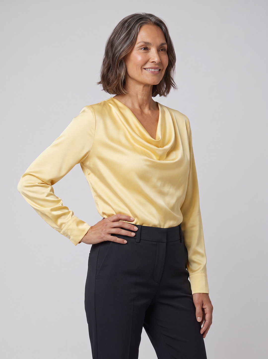 Delphine draped blouse yellow on model