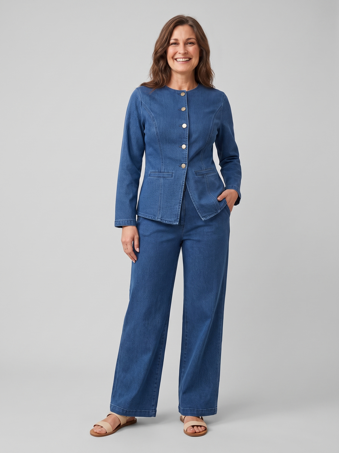 Isabelle denim set blue front on model
