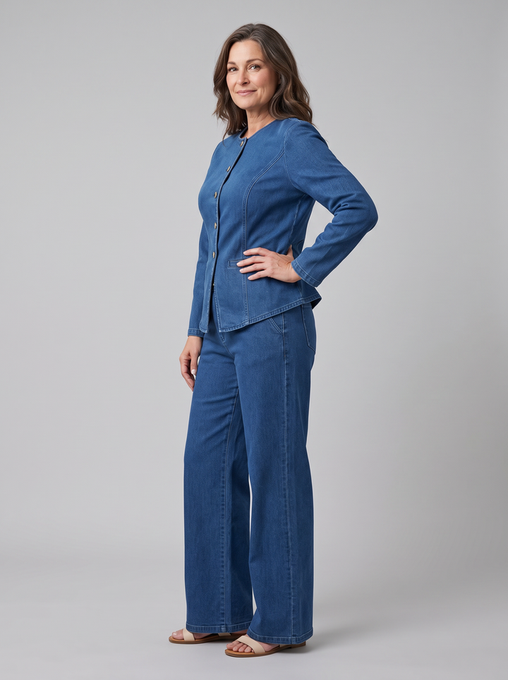 Isabelle denim set blue three-quarter on model