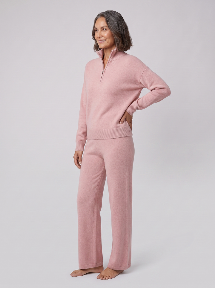 Chelsea cashmere ensemble pink on model