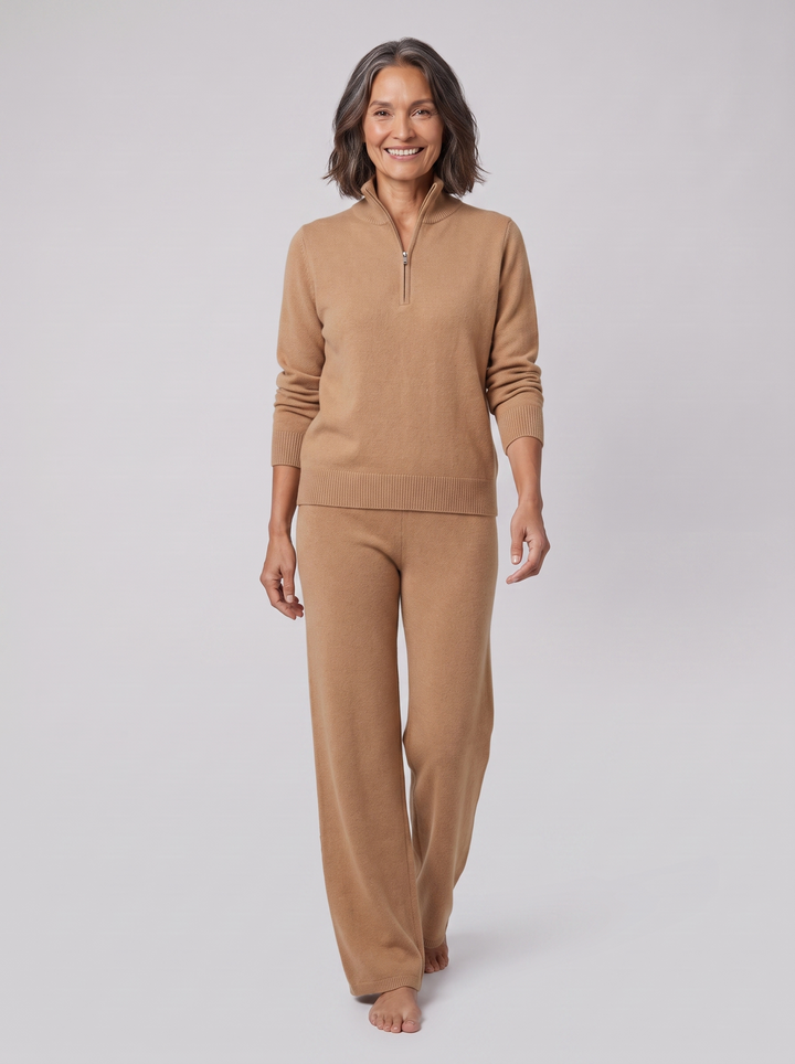 Chelsea cashmere ensemble camel on model