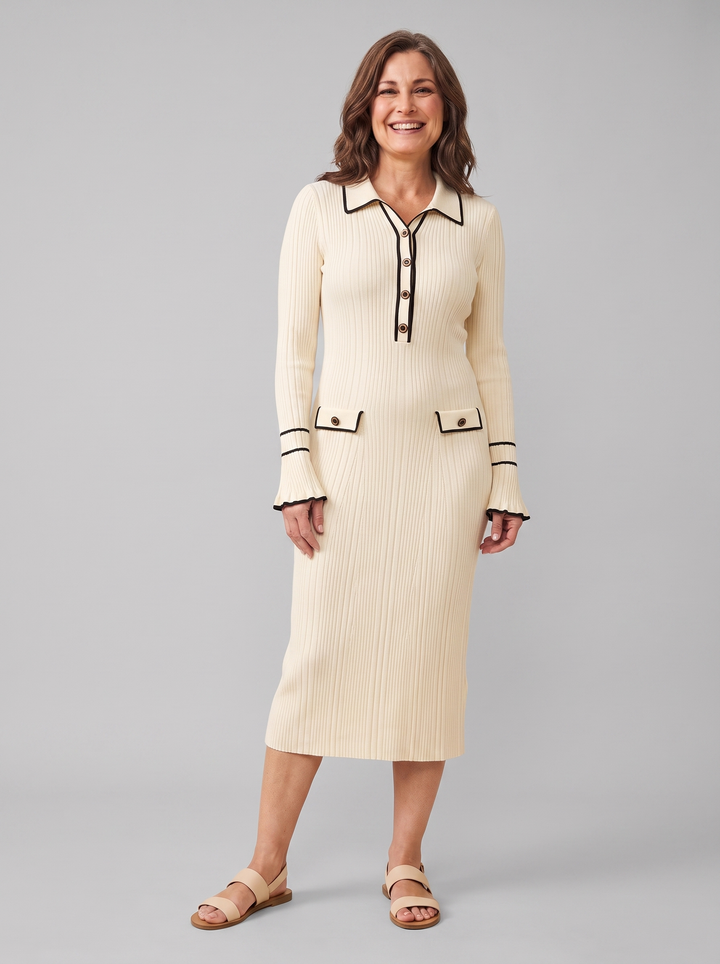 Luna contrast trim midi dress ivory on model