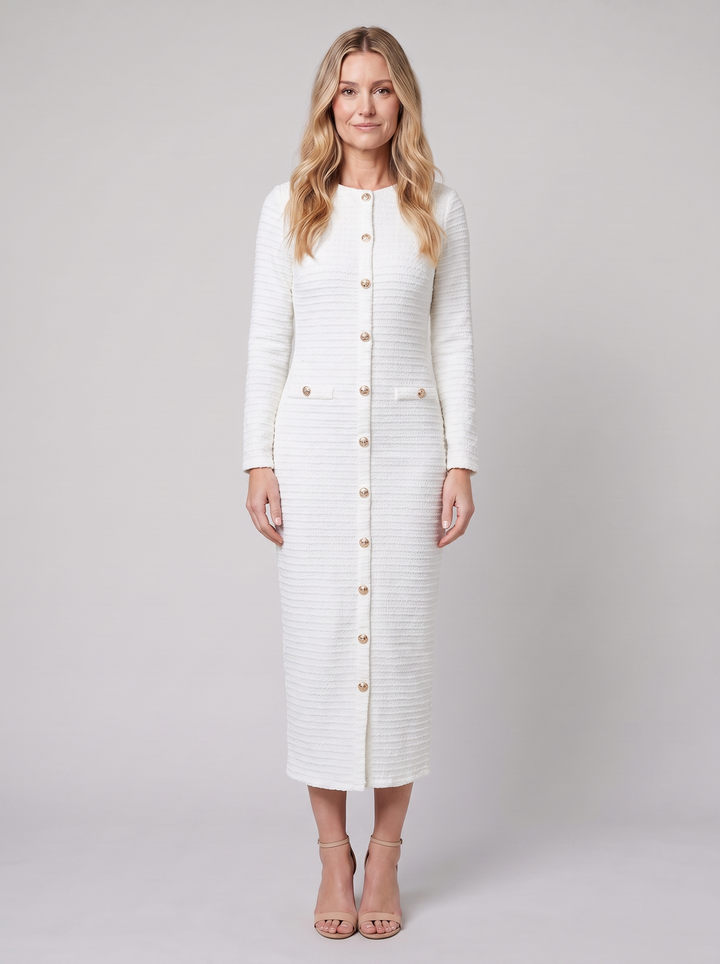 Luna tweed midi dress white on model