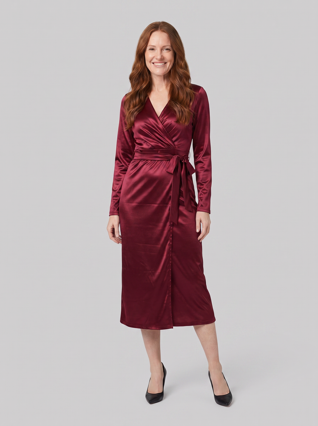 Isabelle burgundy wrap dress on model