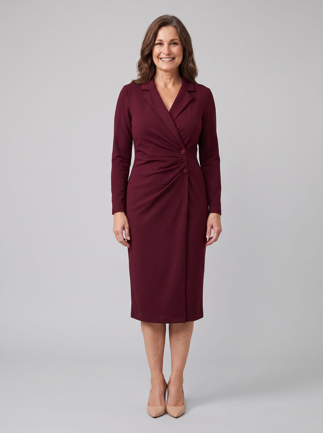 Isla burgundy wrap midi burgundy on model