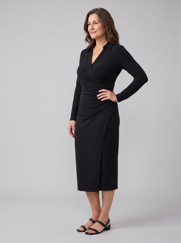 Isla burgundy wrap midi black on model