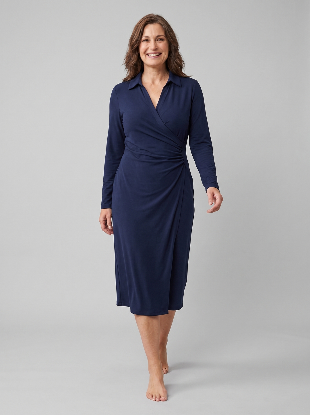 Isla burgundy wrap midi navy on model