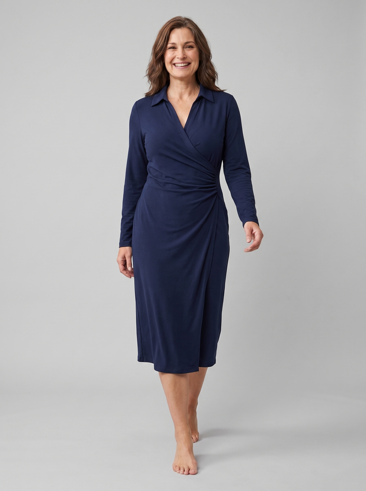 Isla burgundy wrap midi navy on model