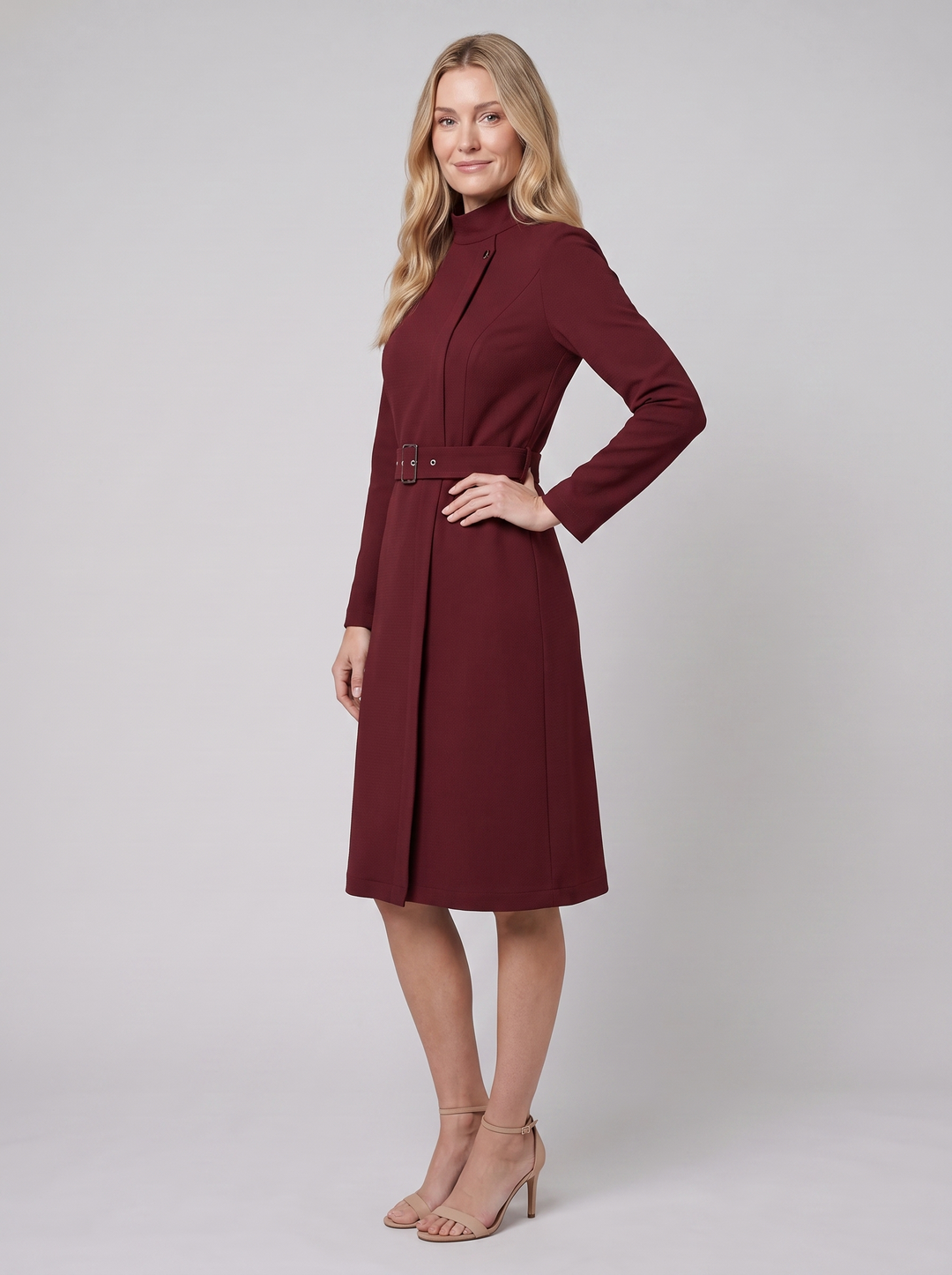 Nina A-line dress burgundy on model