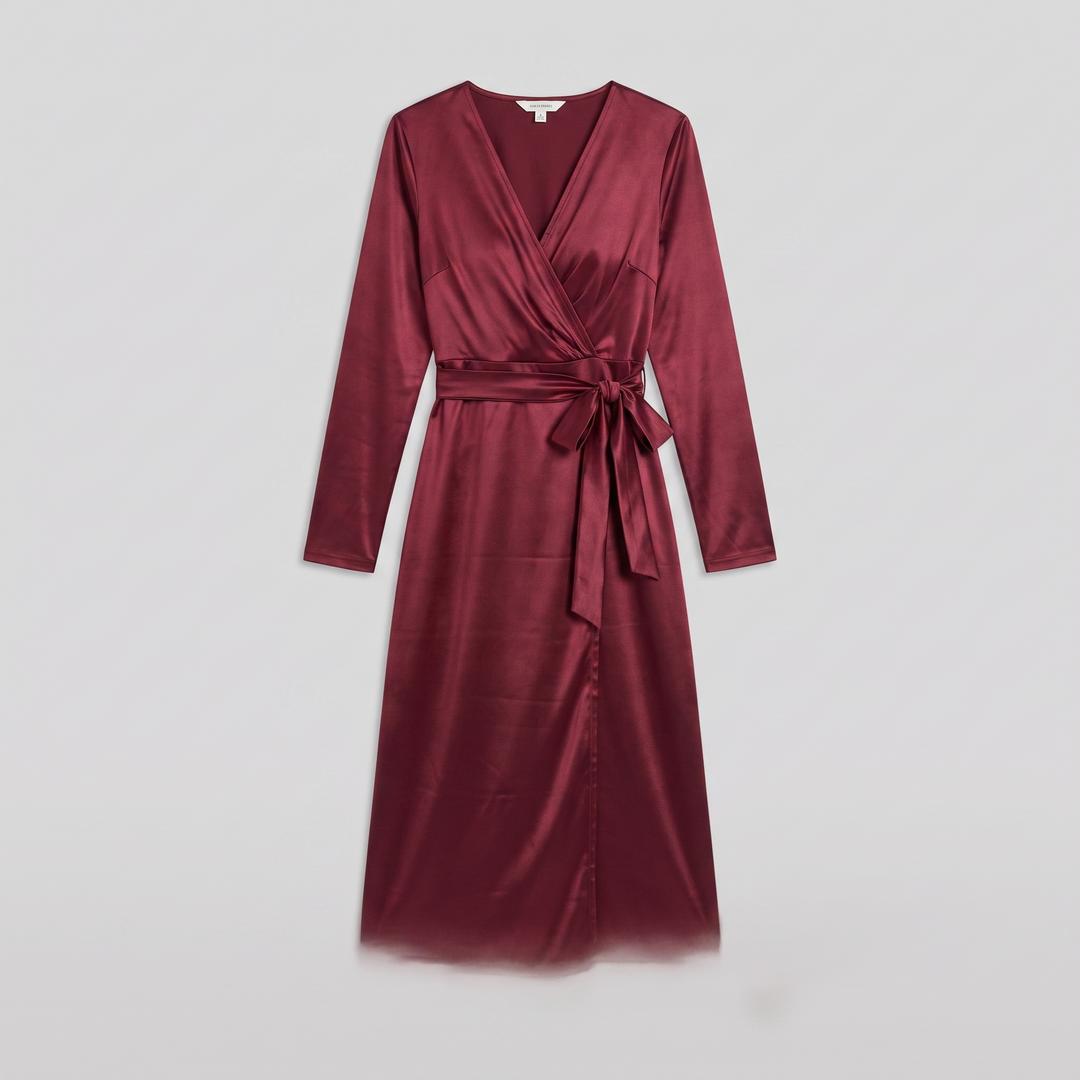 Isabelle burgundy wrap dress product flat lay