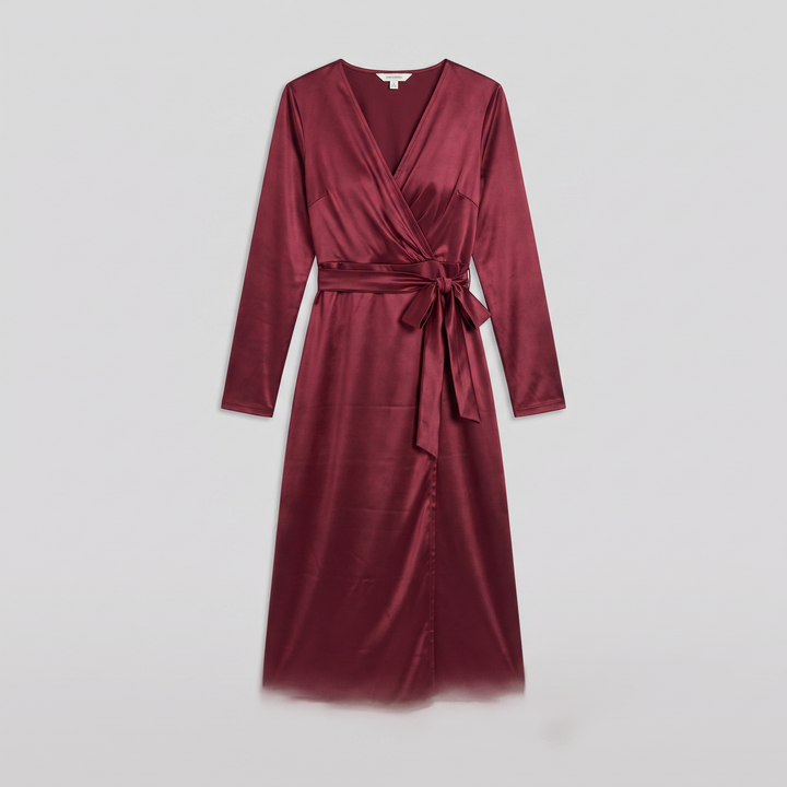 Isabelle burgundy wrap dress product flat lay