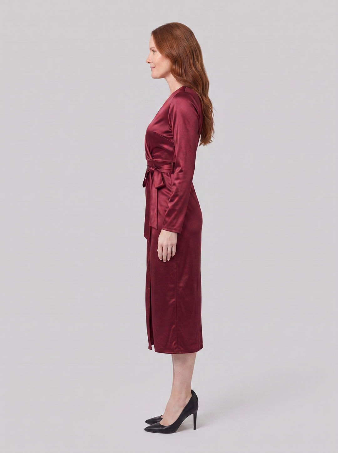 Isabelle burgundy wrap dress side view