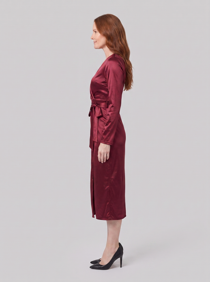 Isabelle burgundy wrap dress side view