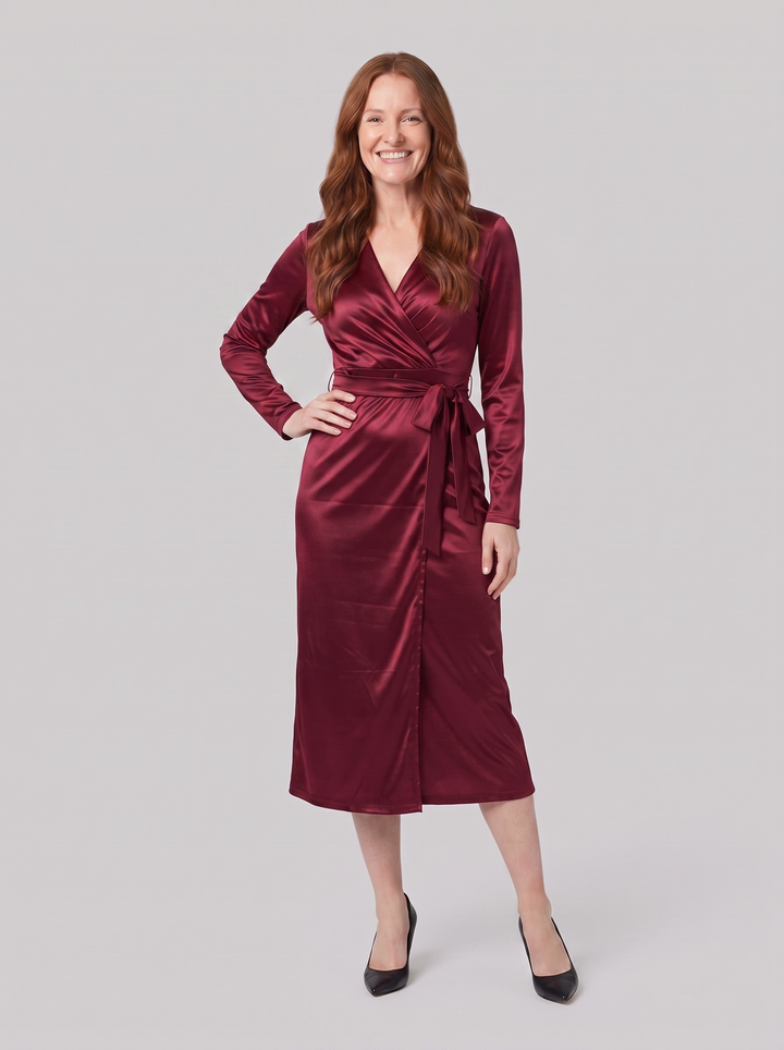 Isabelle burgundy wrap dress three-quarter view