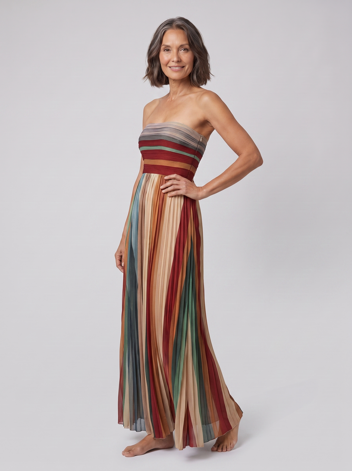 Pavita multicolor striped pleated maxi dress three-quarter view