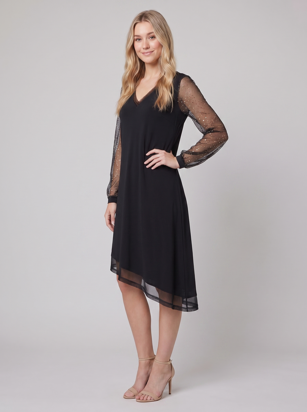 Matilda evening dress sheer sleeves black three-quarter view
