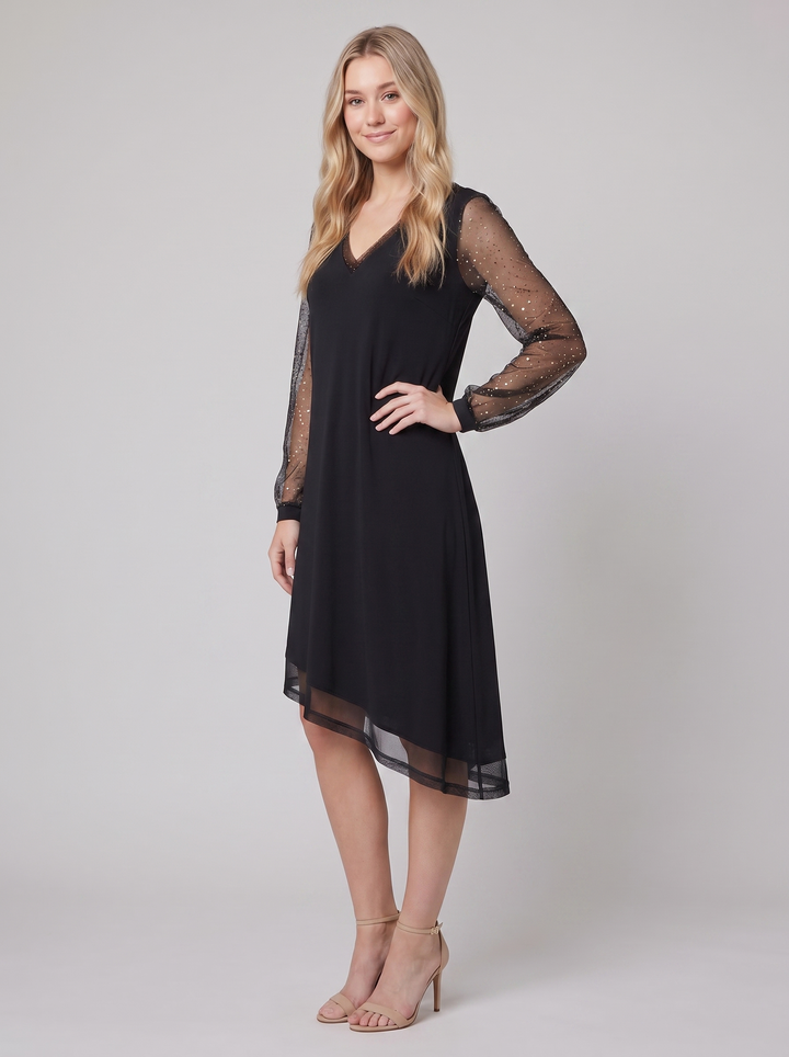 Matilda evening dress sheer sleeves black three-quarter view