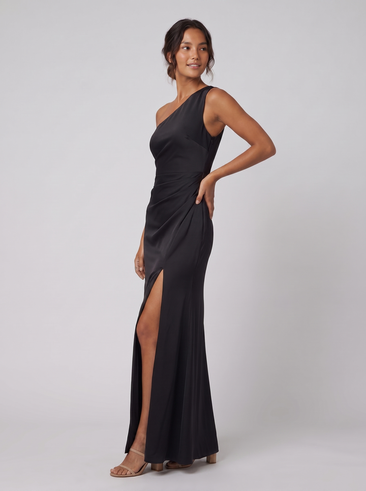 Alessandra one-shoulder black gown three-quarter view