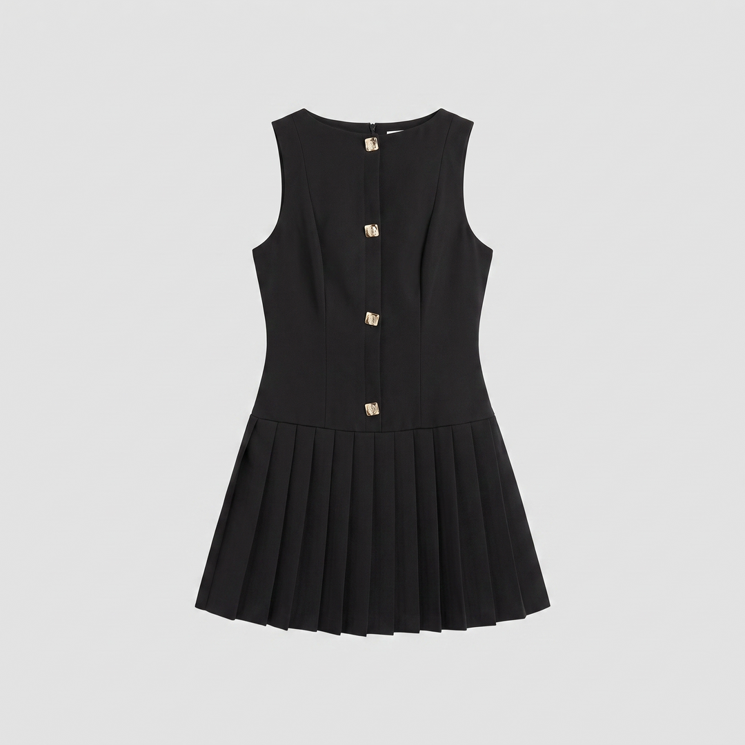 Luna black pleated button mini dress product flat lay