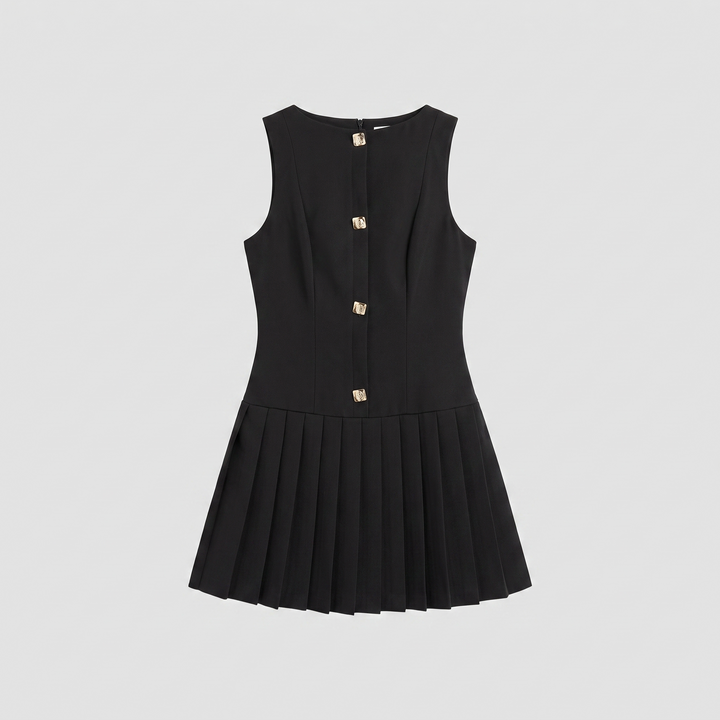 Luna black pleated button mini dress product flat lay