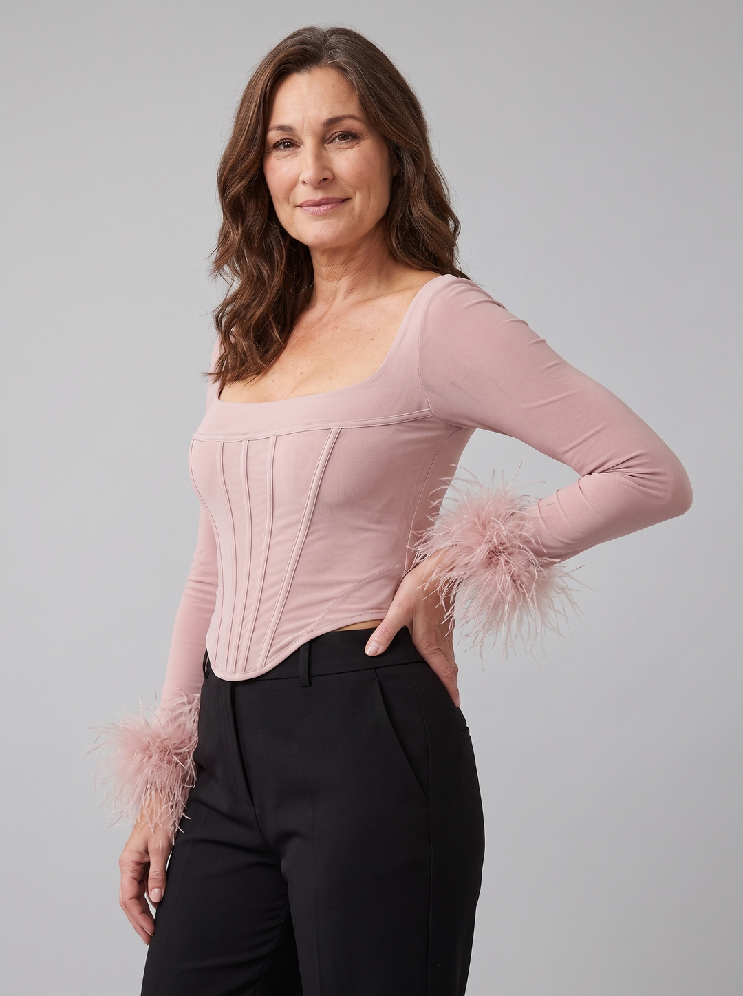 Notte Viva feather cuff corset top pink three-quarter