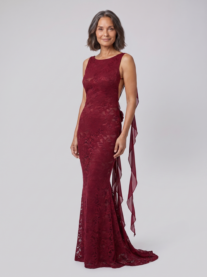 Rosette lace mermaid gown maroon front