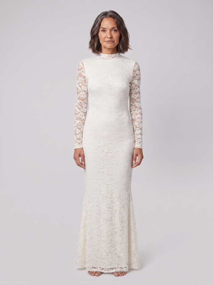 Rosette lace mermaid gown white front