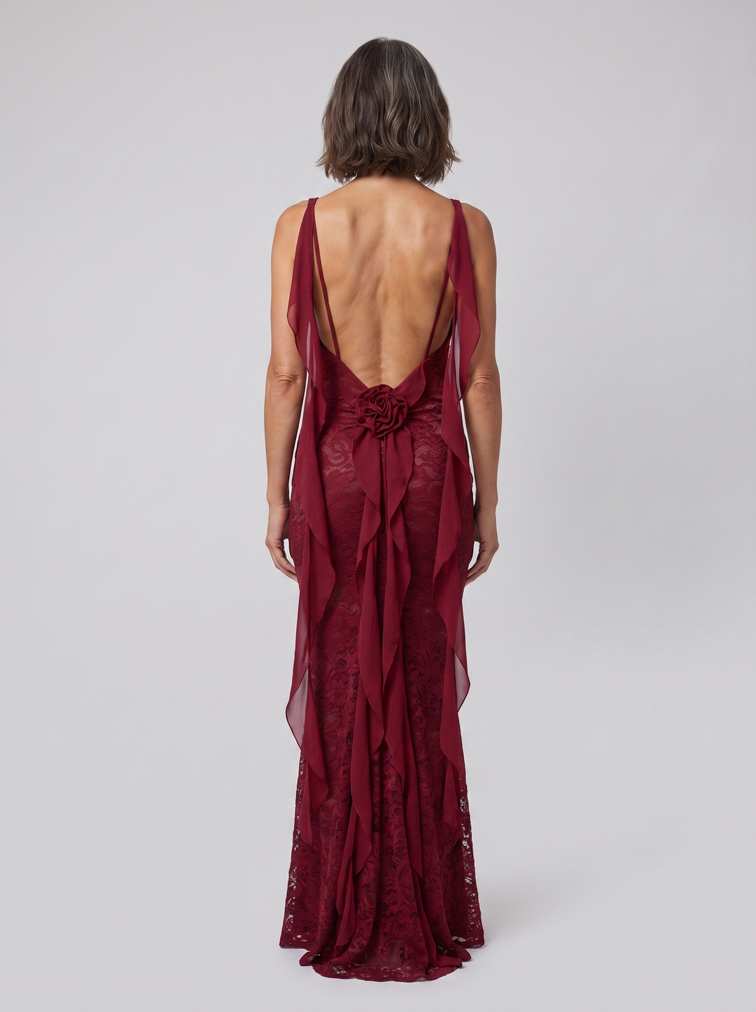 Rosette lace mermaid gown maroon back