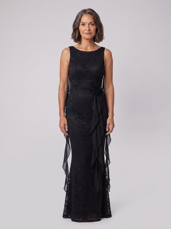 Rosette lace mermaid gown black front