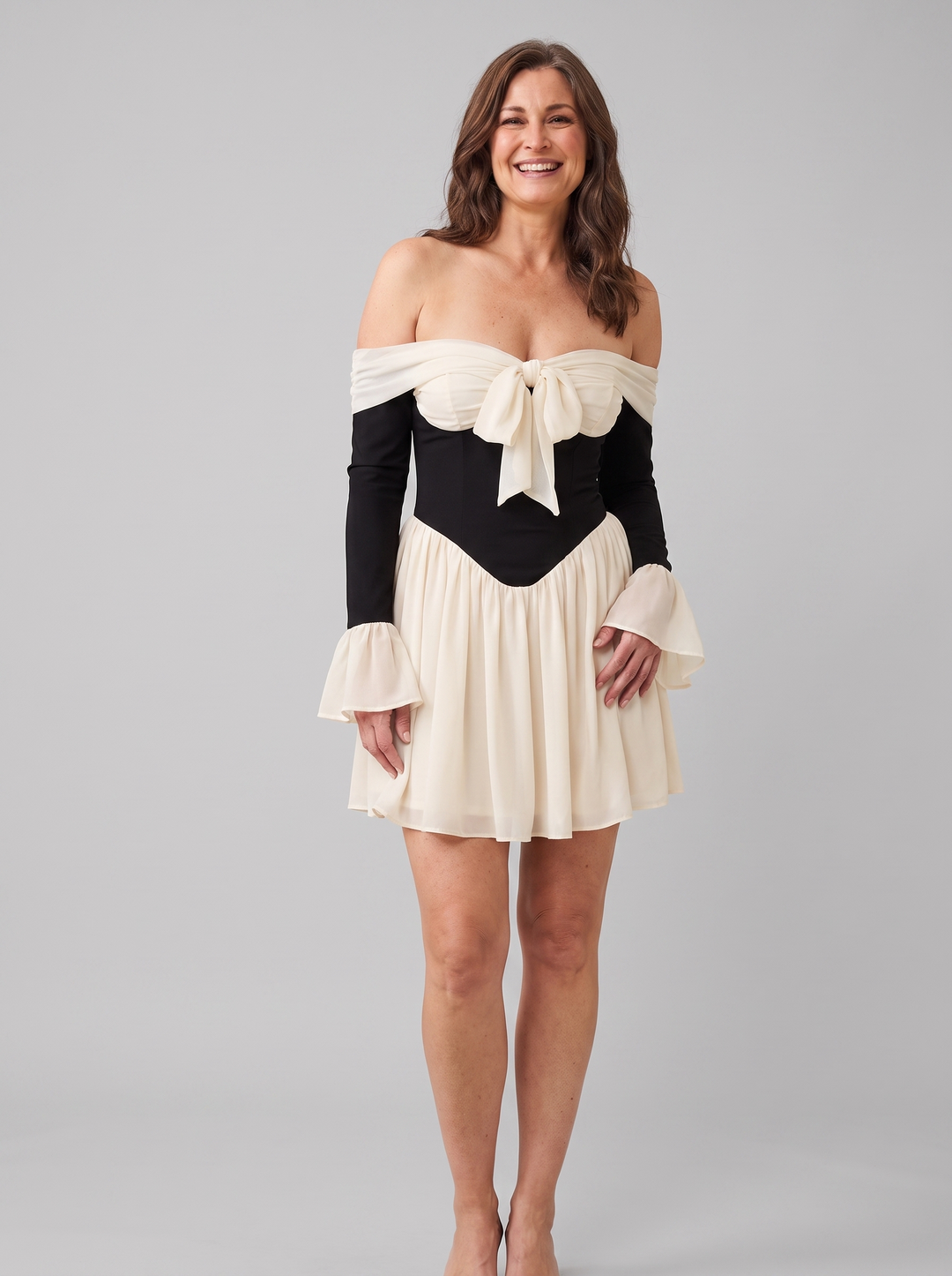 Bardot off-shoulder corset mini ivory front