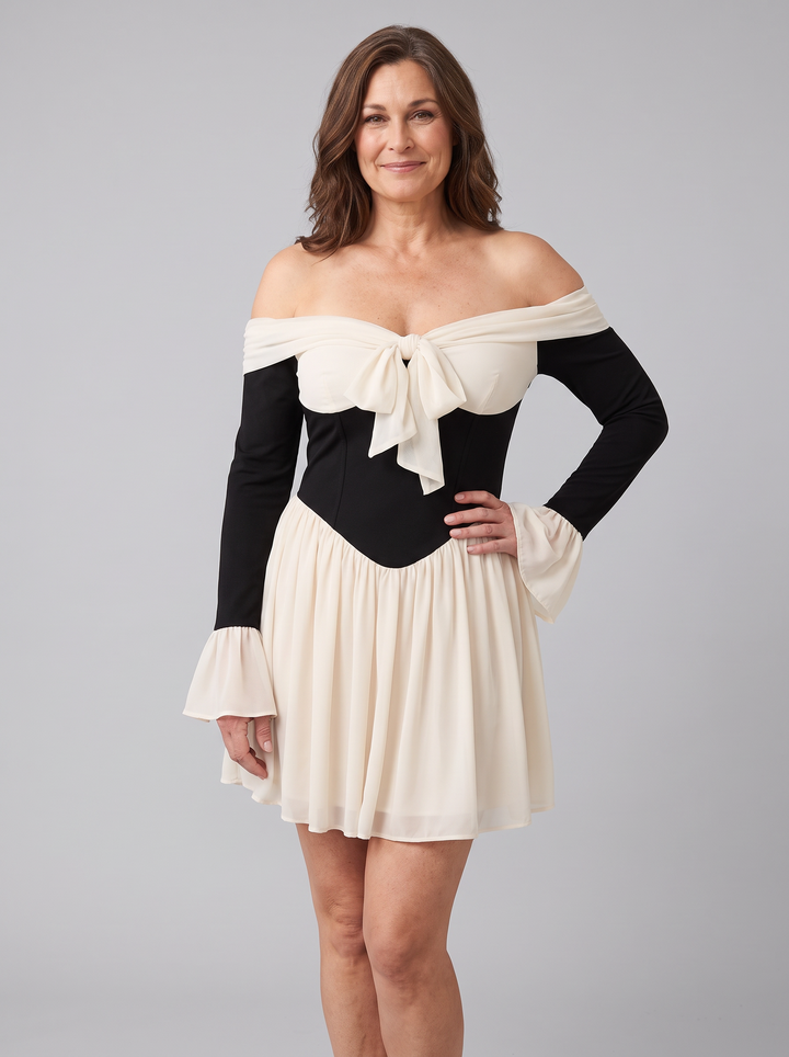 Bardot off-shoulder corset mini ivory three-quarter