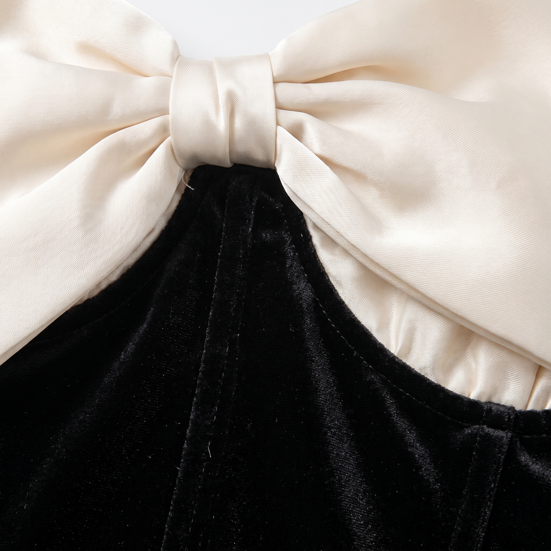 Bardot satin bow velvet fabric detail