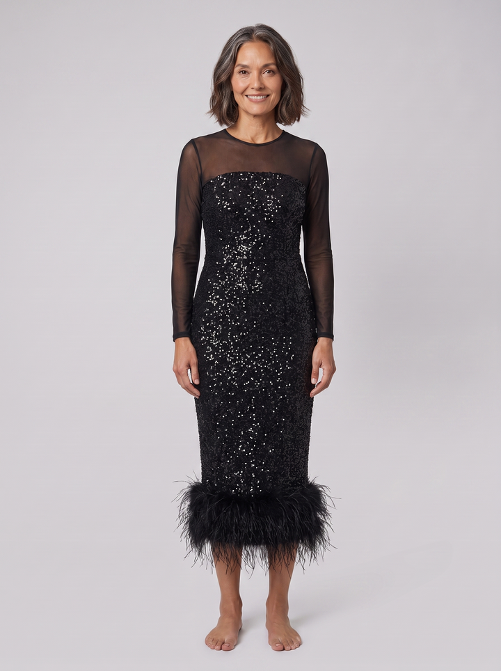 Celeste sequin feather midi black front