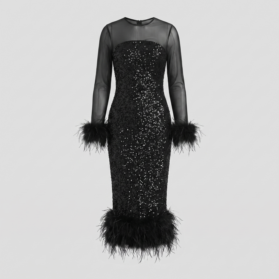 Celeste sequin feather midi product flat lay