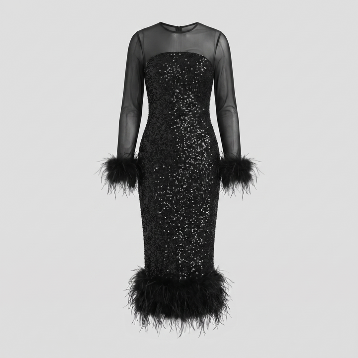 Celeste sequin feather midi product flat lay