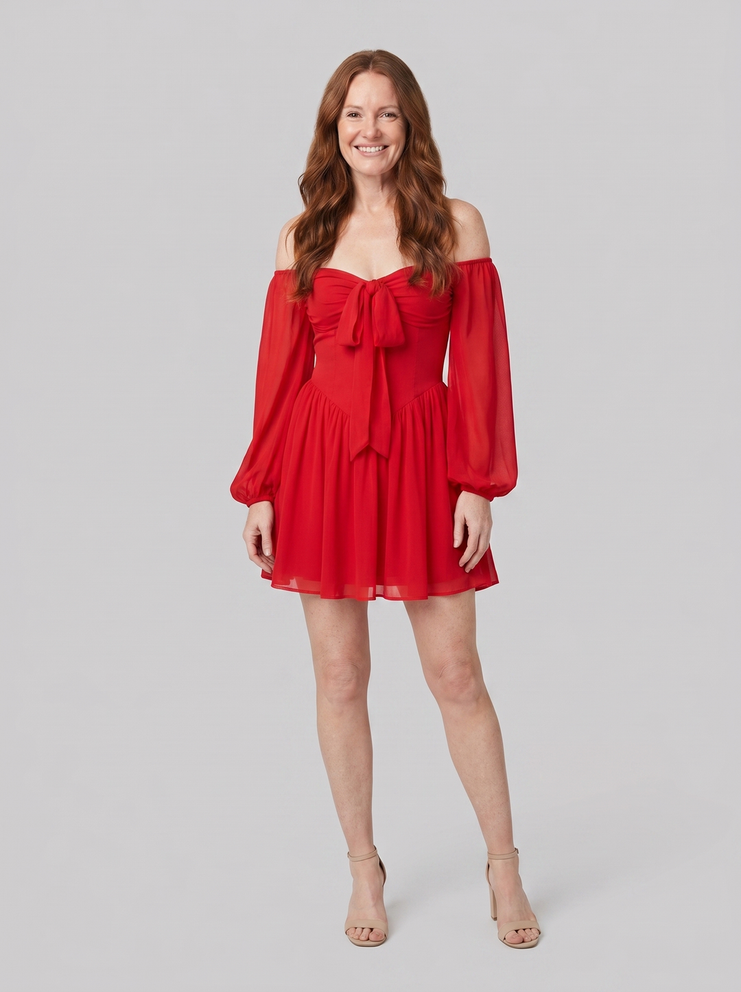 Scarlet Muse red chiffon mini dress front