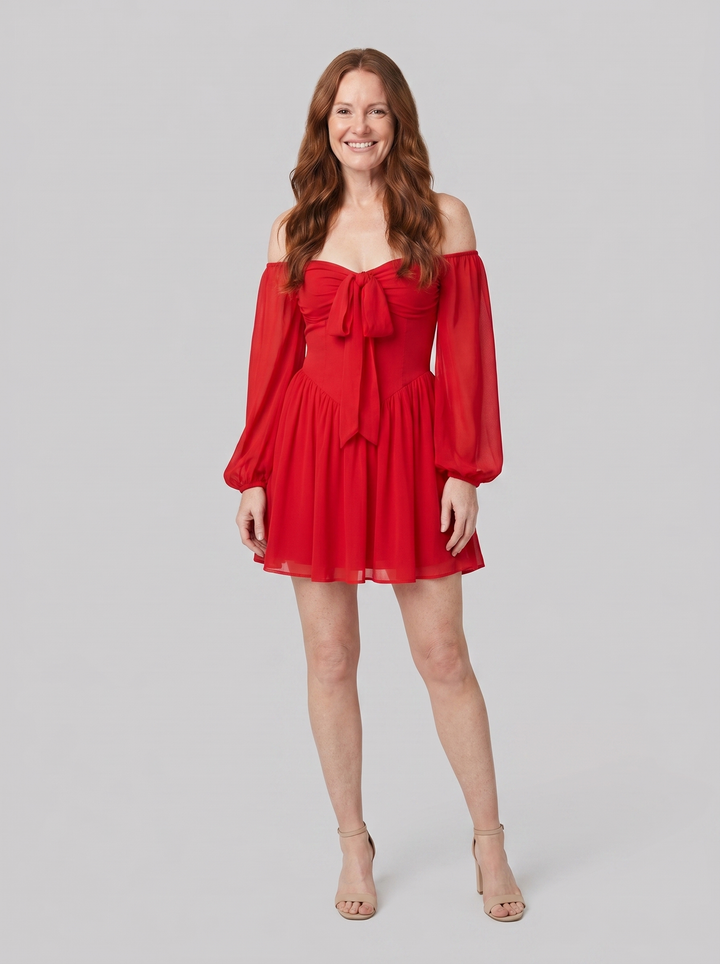 Scarlet Muse red chiffon mini dress front