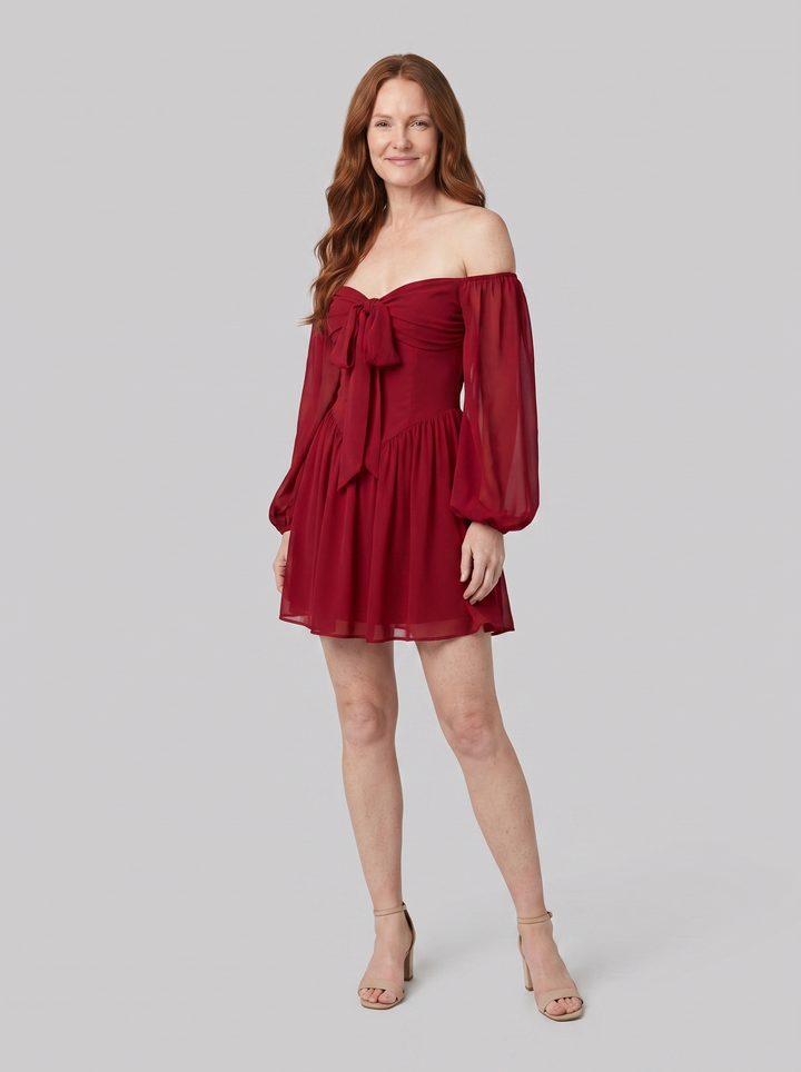 Scarlet Muse red chiffon mini dress three-quarter