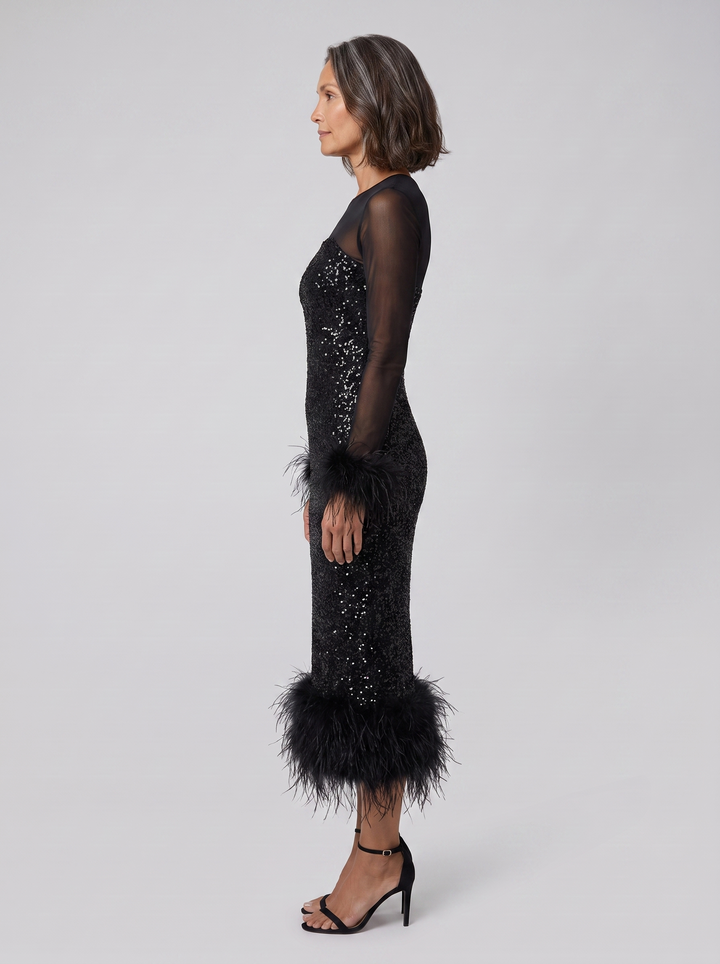 Celeste sequin feather midi black side
