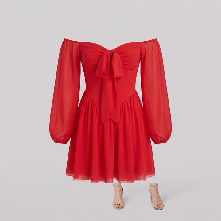 Scarlet Muse red chiffon mini dress product flat lay